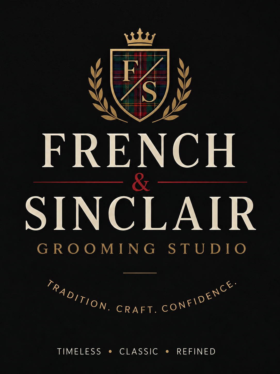French and Sinclair Grooming Studio crest with crown, gold laurel branches and Stewart tartan
